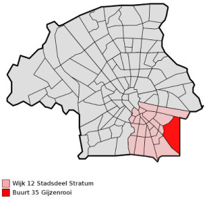 De plaats van de wijk Gijzenrooi, in het stadsdeel Stratum, in Eindhoven 