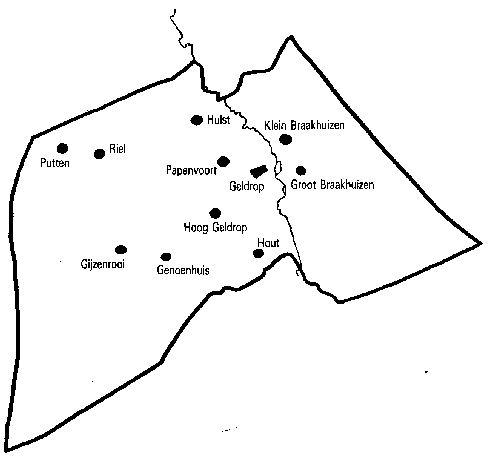 De ligging van de Zes gehuchten en Geldropse buurtschappen. De grens geeft de omvang van de gemeente aan, zoals die was in 1921. In het westen grensde Zesgehuchten aan Stratum 